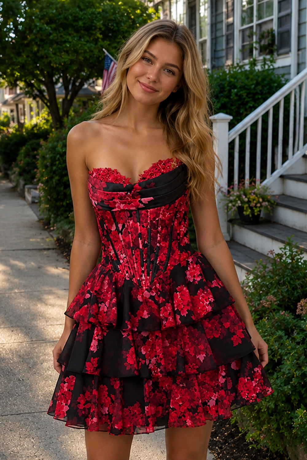 Red Strapless Floral Chiffon A Line Corset Tiered Homecoming Dress With Appliques | KISSPROM