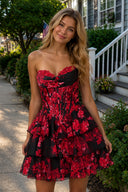 Red Strapless Floral Chiffon A Line Corset Tiered Homecoming Dress With Appliques | KISSPROM