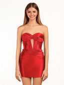 Herline | Red Strapless Keyhole Ruched Satin Sheath Short Homecoming Dress