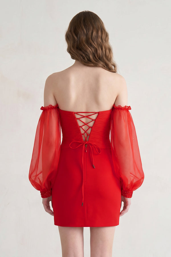 Red Off-the-Shoulder Keyhole Short Party Dress with Balloon Sleeves - KISSPROM