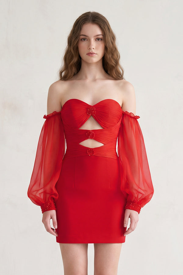 Red Off-the-Shoulder Keyhole Short Party Dress with Balloon Sleeves - KISSPROM