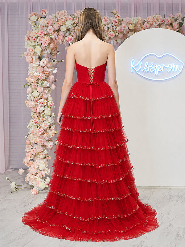 Red Strapless Layered Tulle Prom Dress with Sequins - KissProm