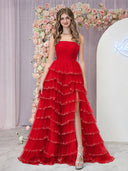 Red Strapless Layered Tulle Prom Dress with Sequins - KissProm