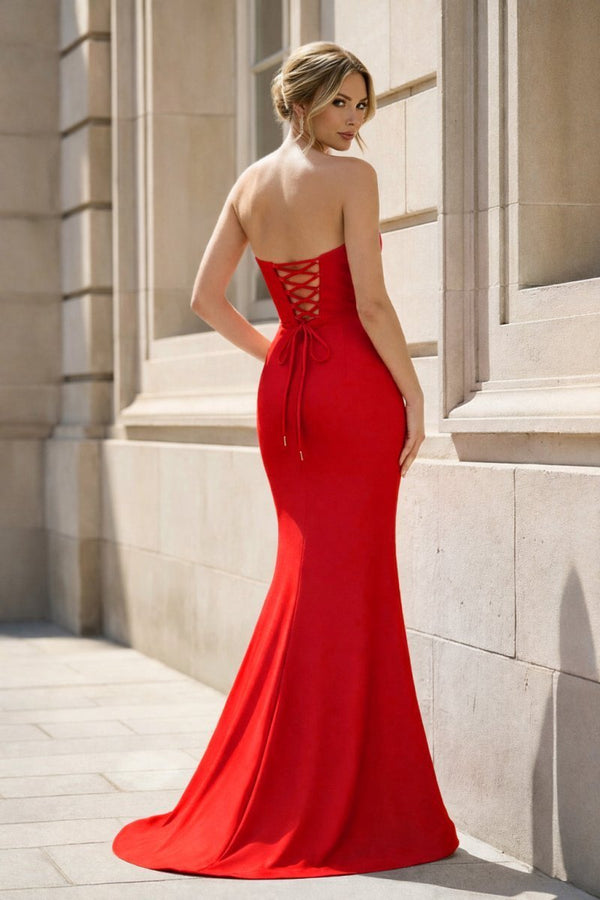 Red Strapless Mermaid Satin Long Formal Dress With Beading (2) | KISSPROM
