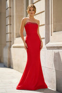 Red Strapless Mermaid Satin Long Formal Dress With Beading | KISSPROM