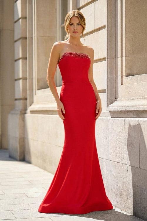 Red Strapless Mermaid Satin Long Formal Dress With Beading | KISSPROM