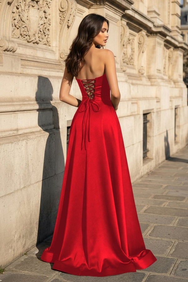 Red Strapless Satin A Line Long Formal Dress With Slit (2) | KISSPROM