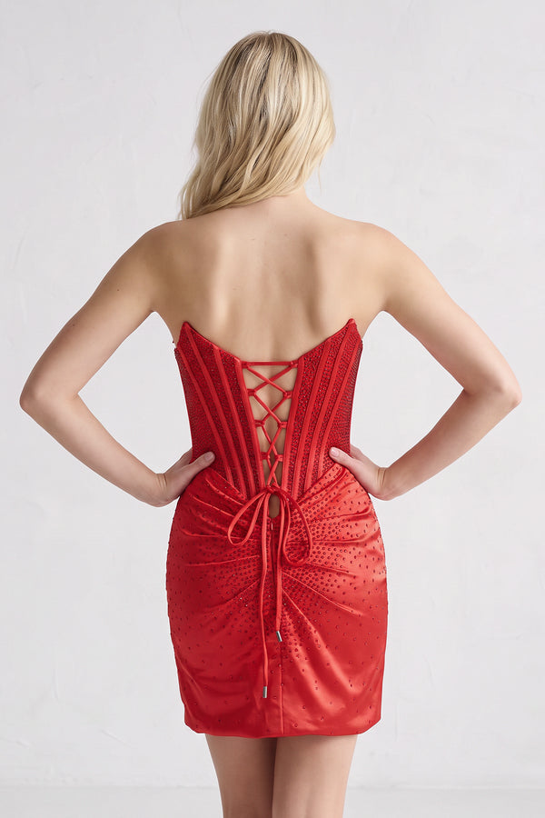 Red Strapless Satin Bodycon Short Homecoming Dresses With Beading (4) | KISSPROM
