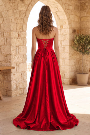 Red Strapless Satin Long Prom Dress With High Split (2) | KISSPROM