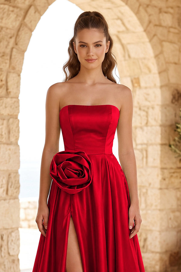 Red Strapless Satin Long Prom Dress With High Split (3) | KISSPROM