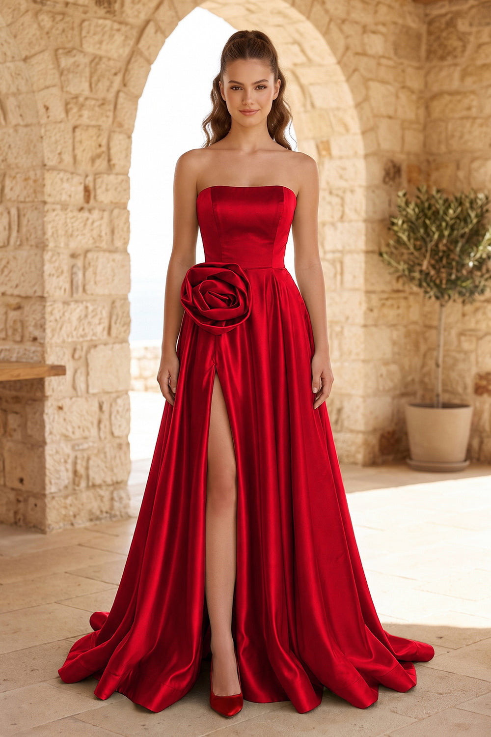 Red Strapless Satin Long Prom Dress With High Split | KISSPROM