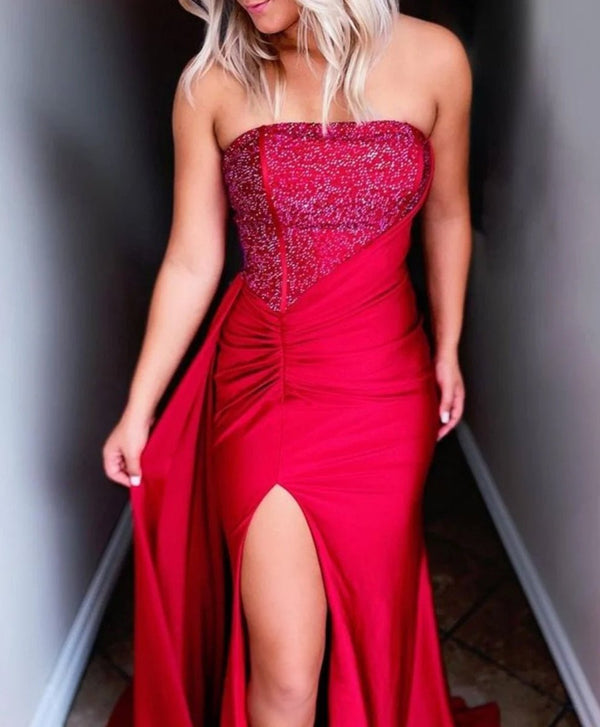 Ryann | Red Strapless Satin Long Prom Dress with Slit