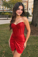 Red Strapless Satin Sheath Mini Party Dress With Beading | KISSPROM