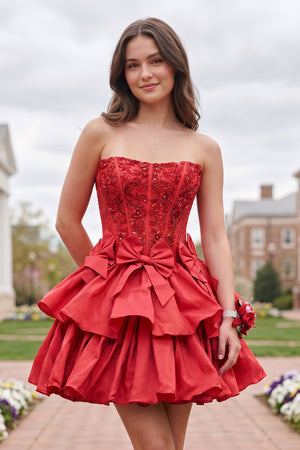 Red Strapless Sequins A-Line Homecoming Dress With Bow | KISSPROM