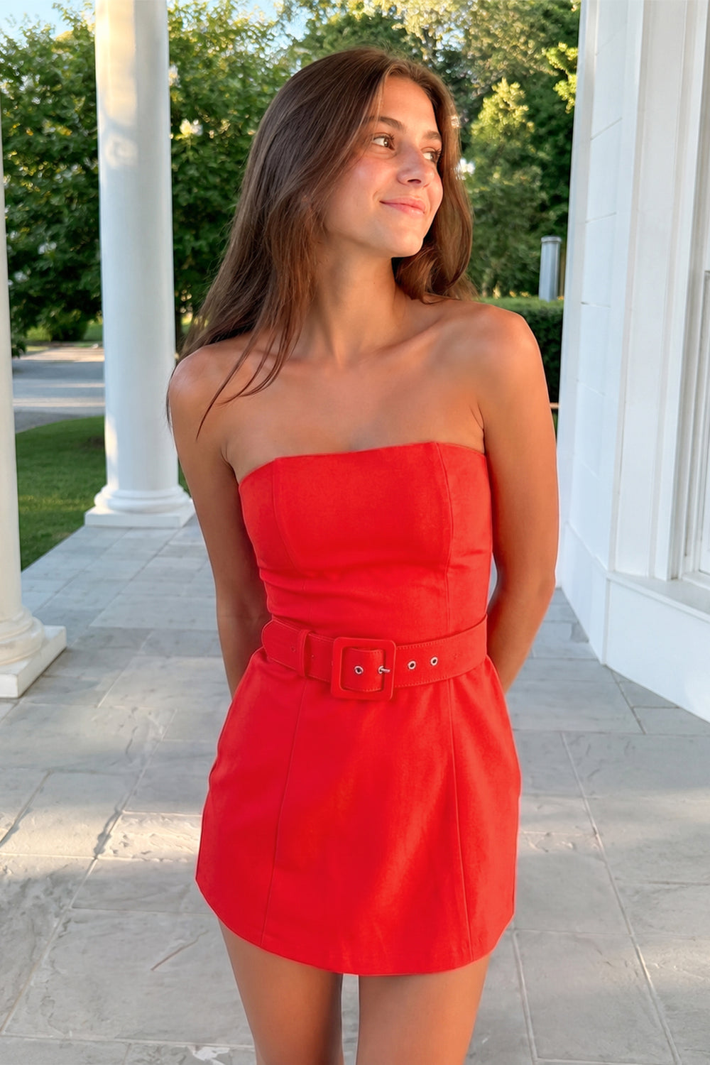 Red Strapless Sheath Satin Homecoming Dress with Belt | KISSPROM
