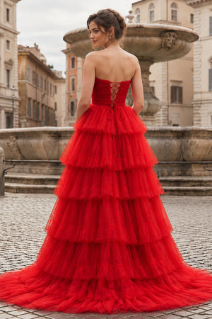 A-Line Strapless Tiered Tulle Prom Dress with Ruffles - KissProm