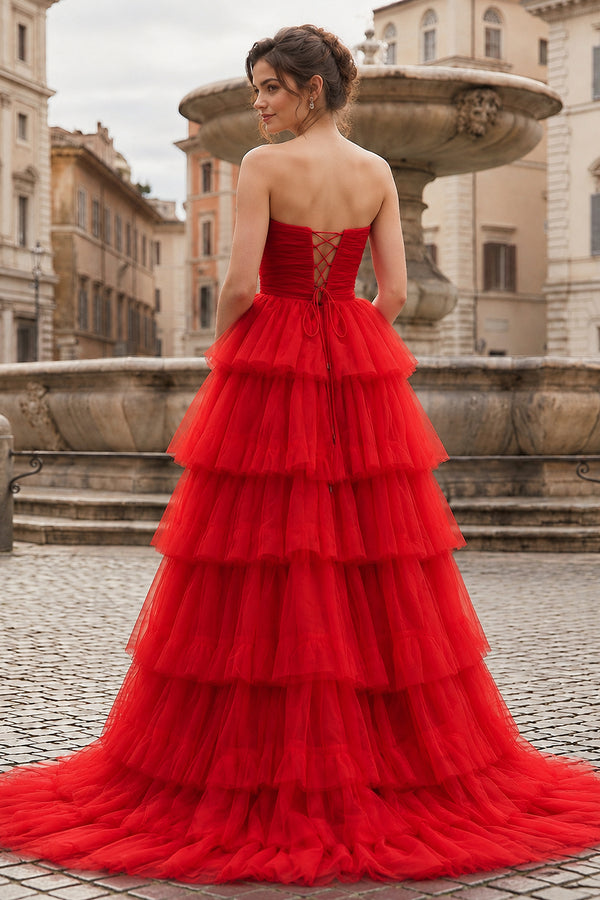 A-Line Strapless Tiered Tulle Prom Dress with Ruffles - KissProm