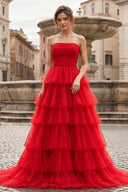 A-Line Strapless Tiered Tulle Prom Dress with Ruffles - KissProm