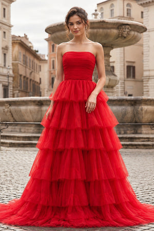 A-Line Strapless Tiered Tulle Prom Dress with Ruffles - KissProm