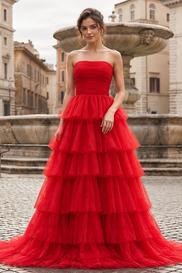 A-Line Strapless Tiered Tulle Prom Dress with Ruffles - KissProm