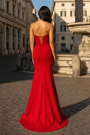 Red Sweetheart V Neck Long Prom Dress With Slit - KissProm
