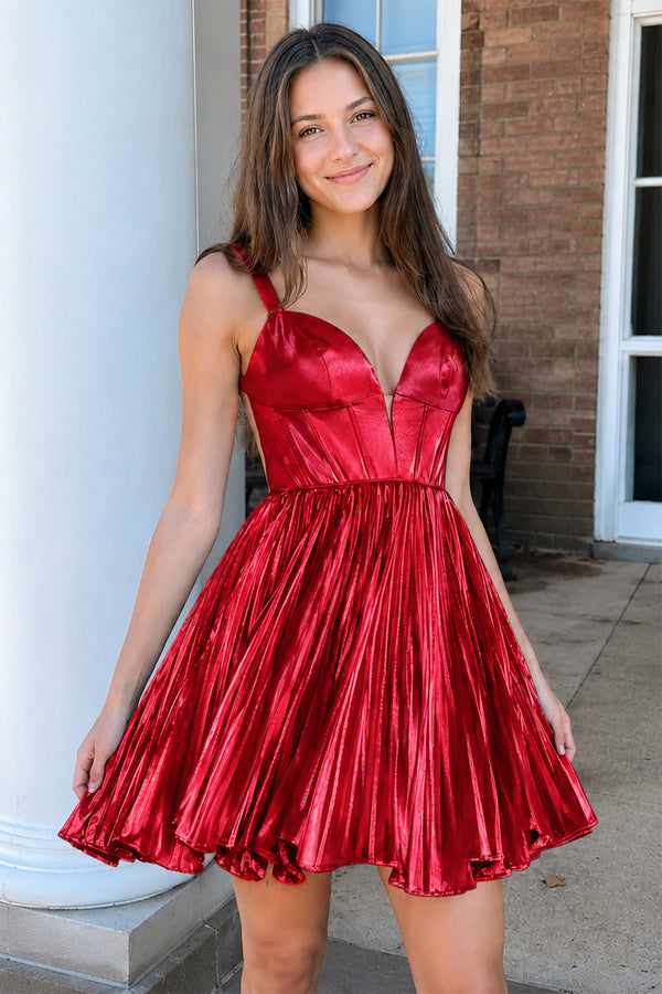 Red Straps A-Line V-Neck Metallic Pleated Short Homecoming Dress | KISSPROM
