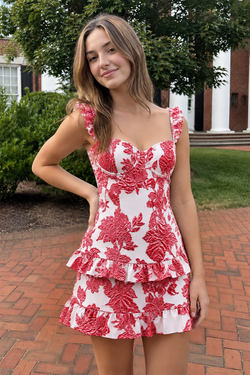 Red Sweetheart A-Line Jacquard Homecoming Dress with Ruffles (2) | KISSPROM