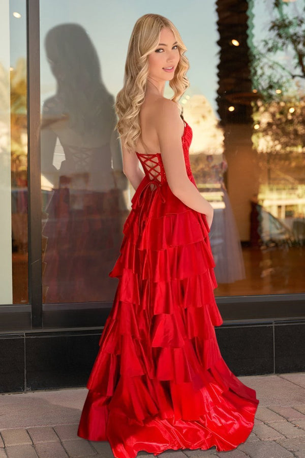 Red Sweetheart A Line Satin Appliqued Long Formal Dress With Ruffles (2) | KISSPROM