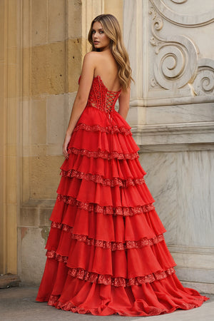 KissProm-Red Sweetheart A Line Sequined Lace Ruffled Long Prom Dresses With Appliques