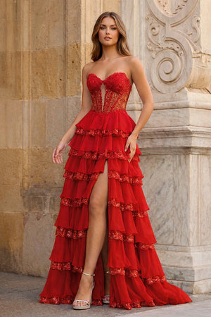 KissProm-Red Sweetheart A Line Sequined Lace Ruffled Long Prom Dresses With Appliques