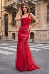 Red Sweetheart Mermaid Tulle Pleated Long Party Dress | KISSPROM