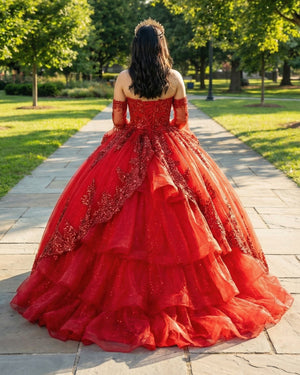 KissProm- Red Sweetheart Quinceanera Dresses with Long Sleeves