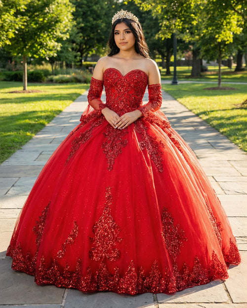 KissProm- Red Sweetheart Quinceanera Dresses with Long Sleeves