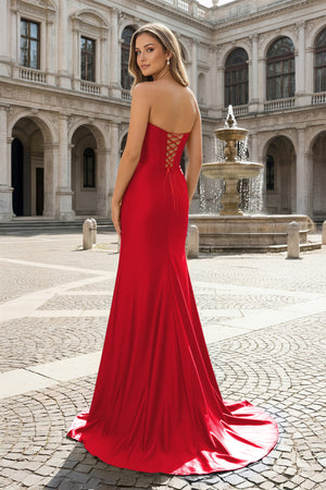 KissProm-Red Sweetheart Satin Mermaid Long Prom Dresses with Beading