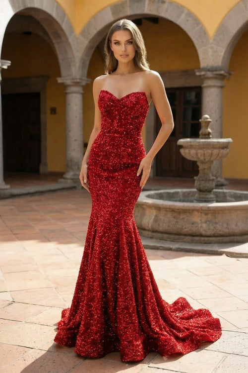 Red Sweetheart Sequins Mermaid Long Party Dress (2) | KISSPROM