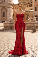 Red Sweetheart Sequins Mermaid Long Party Dress With Beading | KISSPROM