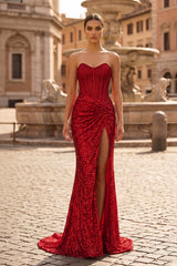 Red Sweetheart Sequins Mermaid Long Party Dress With Beading | KISSPROM