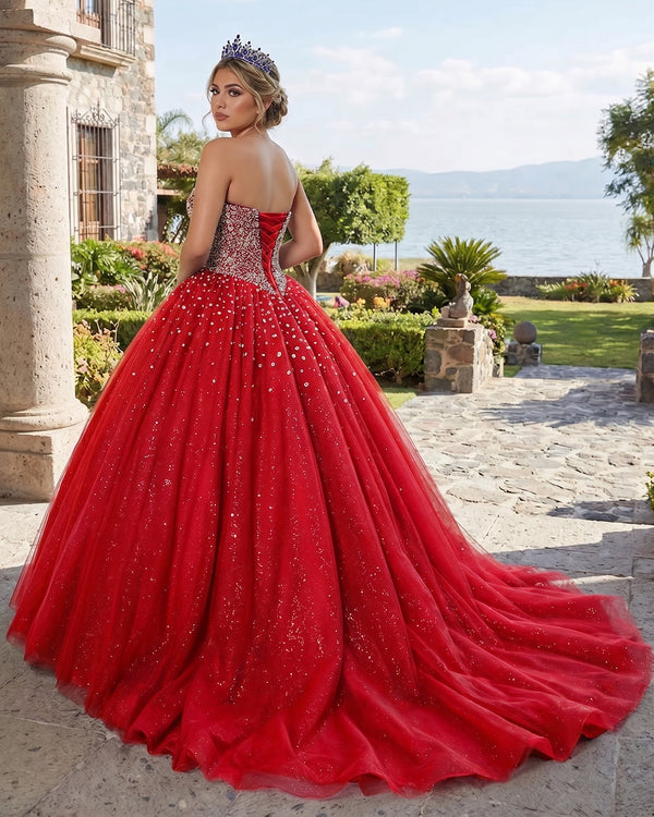 Red Sweetheart Tulle Quinceanera Dresses With Beadings (2) | KISSPROM