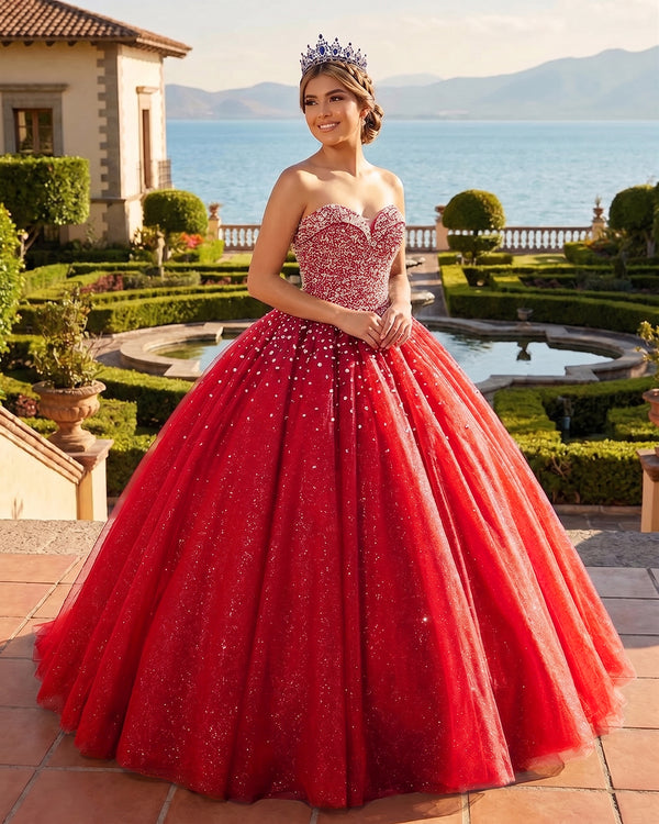 Red Sweetheart Tulle Quinceanera Dresses With Beadings | KISSPROM