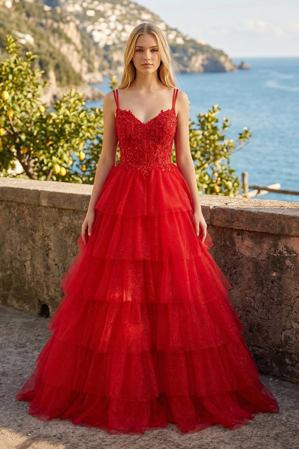 Tiered Ruffle Appliques Corset Long Prom Dress with Spaghetti Straps - KissProm
