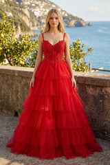Tiered Ruffle Appliques Corset Long Prom Dress with Spaghetti Straps - KissProm