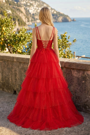 Tiered Ruffle Appliques Corset Long Prom Dress with Spaghetti Straps - KissProm