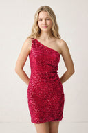 Red Tight Sequins One Shoulder Mini Homecoming Dresses | KISSPROM