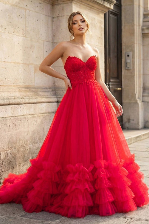 Red Tulle Appliques Sweetheart Ruffle Long Prom Dress - KissProm