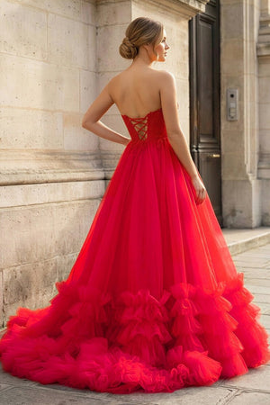 Red Tulle Appliques Sweetheart Ruffle Long Prom Dress - KissProm