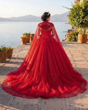 Red Tulle Ball Gown Prom Dress With Cape (2) | KISSPROM