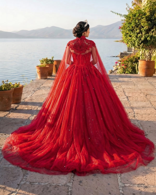 Red Tulle Ball Gown Prom Dress With Cape (2) | KISSPROM