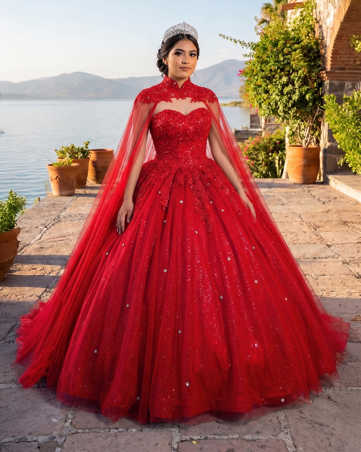 Royal Blue Tulle Ball Gown Prom Dress With Cape