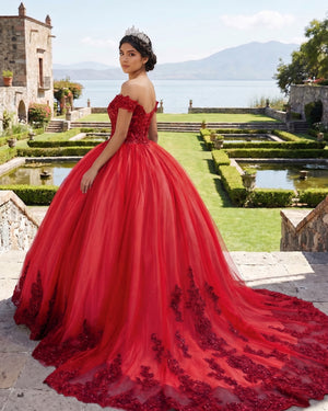 Red Tulle Off The Shoulder Quinceanera Dress (2) | KISSPROM