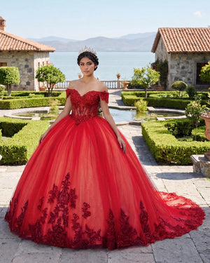 Red Tulle Off The Shoulder Quinceanera Dress | KISSPROM